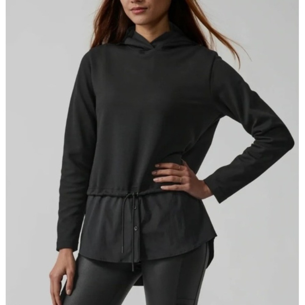 Athleta Gallery Hoodie Top Size XS Black Mixed Media Layered Drawstring Pullover